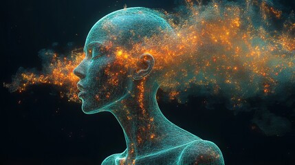 Digital wireframe human head exhaling glowing particles