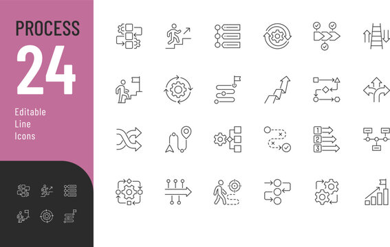 Process Line Editable Icons set. Vector illustration in modern thin style of business related icons: improvement, strategy, workflow, and more. Isolated on transparent background.