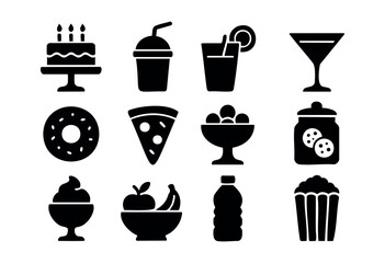A versatile collection of black silhouette icons representing popular food and beverage items like cake, pizza, ice cream, and drinks, perfect for menus, apps, and web design — stock vector.