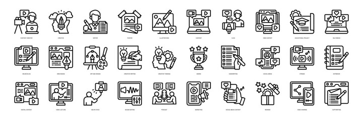 Content Creative icon collection line style. containing Content Creator, Creative, Writer, Poster, Illustrations, Content, Vlog, Web Content, digital, technology, digital marketing