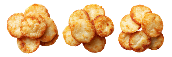 Set of Crispy golden fried sago  cakes isolated on white transparent background, concept of Papua New Guinea breakfast food