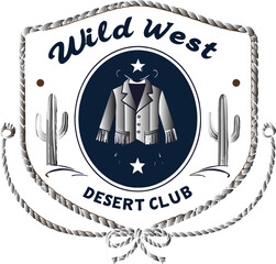 Wild West Desert Club emblem featuring a jacket and cacti, symbolizing a vintage western theme and adventure