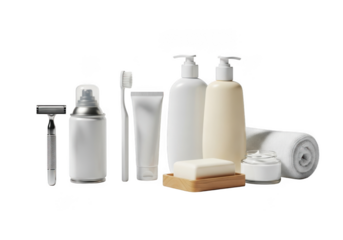Collection of bathroom hygiene and grooming products isolated on transparent background