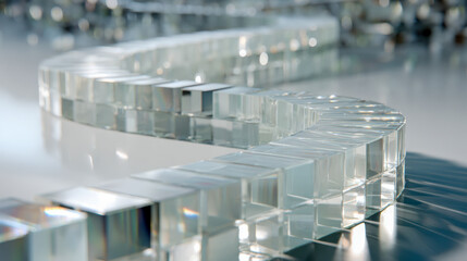Transparent glass cubes artfully arranged in a curved pattern reflecting light and colors on a smooth white surface creating an abstract modern installation scene