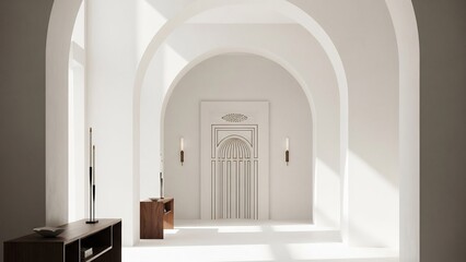Fototapeta premium Elegant architectural hallway with arched doorways and bright natural light streaming through.
