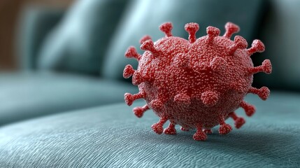 3D rendering of a red virus particle resting on fabric surface