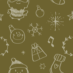 Adorable seamless Christmas doodle pattern with cute festive icons and cozy holiday vibes. Perfect for gift wrap, textiles, greeting cards, and joyful seasonal decor.