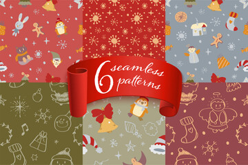 Set of Adorable seamless Christmas doodle pattern with cute festive icons and cozy holiday vibes. Perfect for gift wrap, textiles, greeting cards, and joyful seasonal decor.