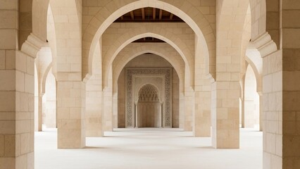 Fototapeta premium Elegant architectural interior featuring arched columns and a captivating perspective, showcasing symmetry and design.