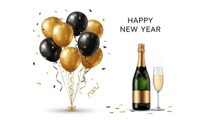 New Year Celebration Composition with Champagne Bottle, Filled Glass, Gold and Black Balloons, and Happy New Year Text Vector Illustration