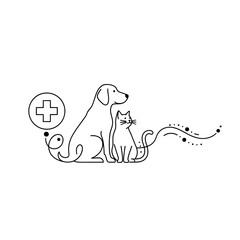Minimalist line art illustration of a dog and cat sitting together with a medical cross symbol and abstract lines, representing veterinary care.