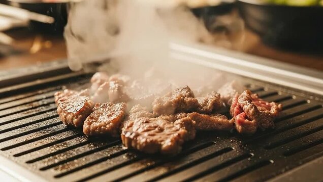 Delicious Sizzling Steak Cooking on a Hot Grill with Steam Rising.