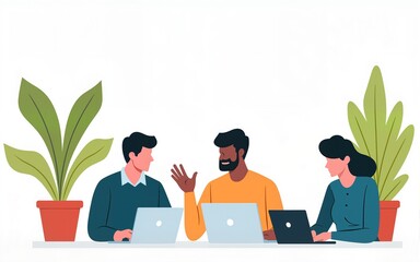 Team meeting illustration with three colleagues discussing work on laptops, surrounded by plants, conveying a collaborative work environment. High quality
