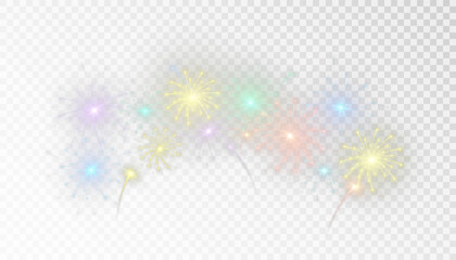 Bright fireworks, sparkling with sparks on a transparent background, create a festive element, suitable for decorating parties and holidays.