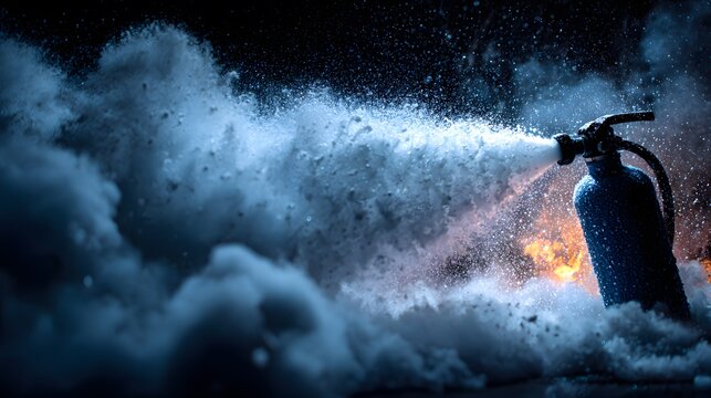 Close-up action shot of fire extinguisher nozzle spraying thick white foam onto a fire, flames visible in background, sharp detail on the foam.
