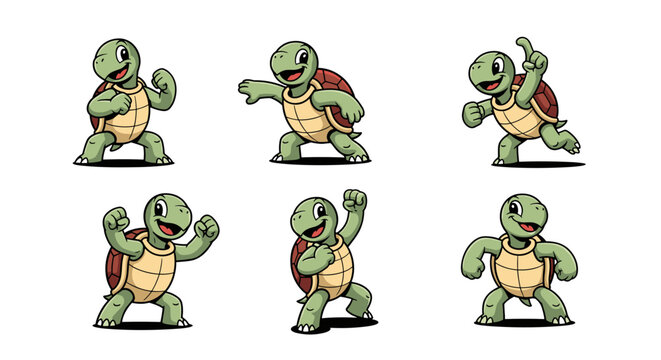 Six Cartoon Turtles in Various Martial Arts Poses.
