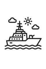 Obraz premium Naval ship or yacht sailing on wavy water under sun and clouds