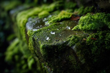 Closeup of Green Moss on Wet Stone Wall with Dew Drops.