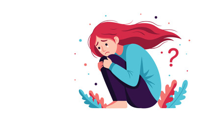 Obraz premium A distressed young woman sits curled up in a fetal position, overwhelmed with sadness and uncertainty, questioning her future and emotional wellbeing.