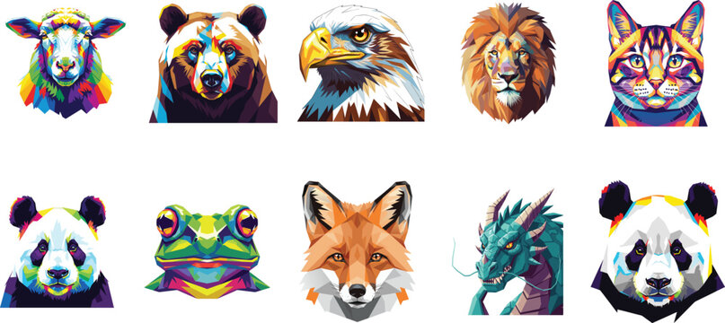 Vibrant Geometric Animal Head Illustrations A Diverse Collection of Stylized Wildlife Portraits in Modern Pop Art Style for Creative Digital and Print Media