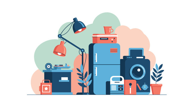 A colorful, stylized illustration depicts a collection of vintage household appliances and objects arranged in a playful composition, evoking nostalgia.