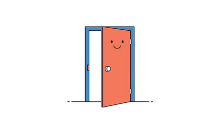 A cheerfully illustrated open door with a smiling face and a simple doorknob suggests opportunity, welcome, and a positive outlook on new beginnings.