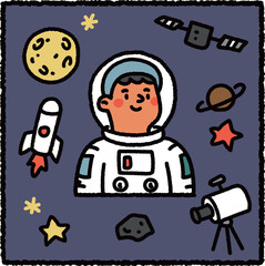Cute hand-drawn astronaut illustration with rocket, moon, satellite, telescope and stars – space exploration and science profession theme