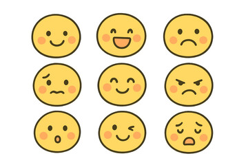 Fototapeta premium Nine distinct yellow emoji faces displaying various emotions