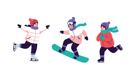 Fototapeta premium Cheerful children enjoying winter activities like ice skating and snowboarding on a bright, snowy day, showcasing seasonal fun and outdoor recreation.