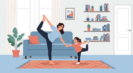 Fototapeta premium Mother and daughter practicing yoga together in a bright, cozy living room, promoting wellness and family bonding through exercise and mindful movement.