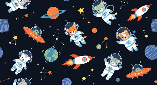 Seamless pattern featuring adorable baby animals in astronaut suits exploring space with planets, rockets, and UFOs on a dark blue background.