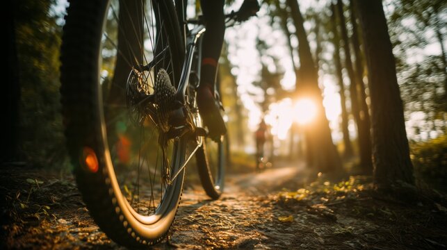 Close-up mountain bike wheel moving along forest trail creating natural outdoor adventure scene enhanced by sunset tones and minimal clean rural environment