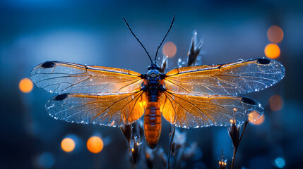 Illuminated insect with translucent wings shining golden light against a dark blurred background with glowing bokeh highlights in a natural setting