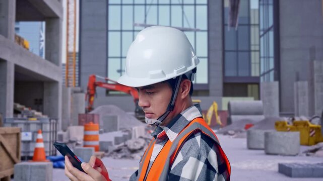 Close Up Side View Of Asian Male Engineer With Safety Helmet Using Smartphone While Standing at Construction Site