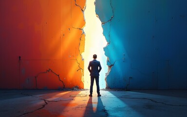 inclusive workplace culture symbolic cracked wall filled with colored light from behind, breaking barriers theme with negative space on left. High quality