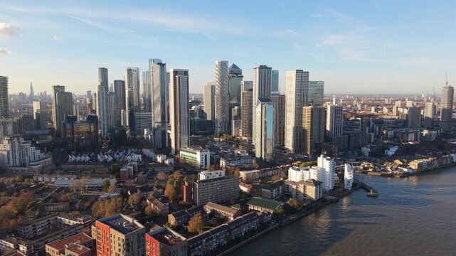 Aerial View of Canary Wharf and River Thames in London During Daylight