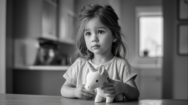 Gitl interacting with unicorn toy in refined black and white editorial setting expressing calm curiosity, quiet emotion and modern childhood aesthetic within clean composition, subtle mood
