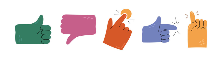 Like and dislike, press and pointing hand gesture. Vector in flat style, isolated approving or disapproving sign. Finger showing direction, indication at side or up. Pushing or pressing