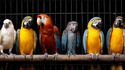 Naklejka premium Inside a spacious cage, a variety of colorful parrots gather, their bright feathers contrasting against the black backdrop. Each bird displays a distinct aura and charm