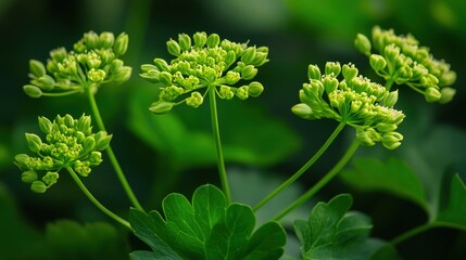 Close-up of Vibrant Green Umbel Flowers on Slender Stems.