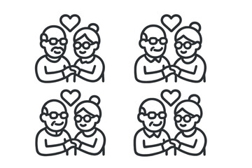 Set of four line icons depicting happy elderly couple holding hands with heart symbol