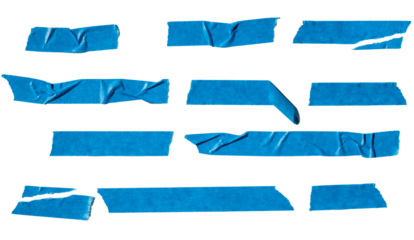 Different Lengths of Blue Masking Tape Arranged on Transparent Background for Crafting and Painting Projects