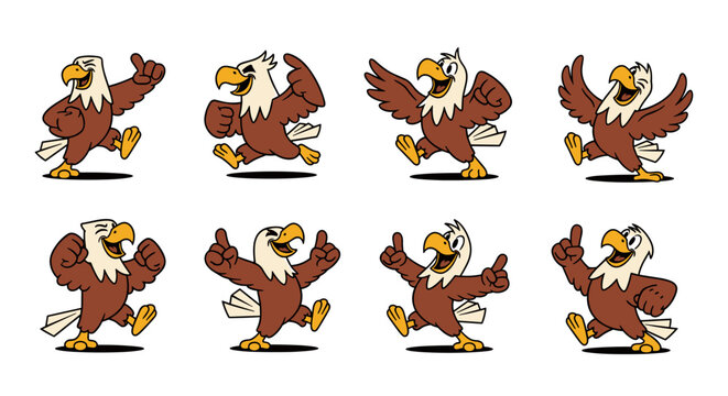 Cartoon Eagle Character Set with Various Poses and Expressions.