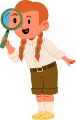 Girl Scout Inspecting With Magnifier Cartoon