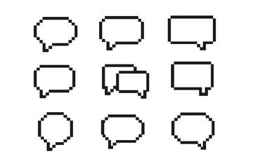 Nine pixel art speech bubble outlines in various geometric shapes