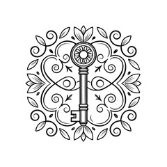 Intricate Key Design with Floral Decorations Illustration