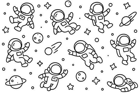 Cute cartoon astronauts floating in outer space seamless pattern outline
