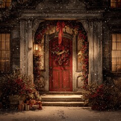 Fototapeta premium Festive winter scene of a charming red door decorated with a lush Christmas wreath and ribbon