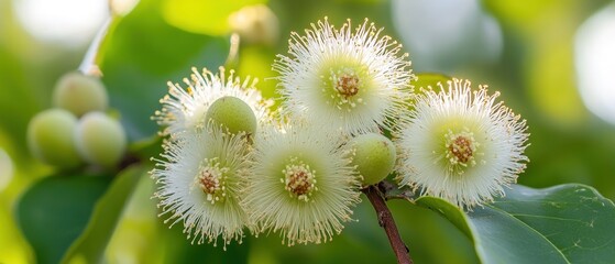 Close-up of White Bottlebrush Flowers on Lush Green Leaves.