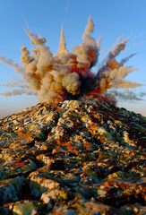 Lava shoots up from the crater above, 3d render